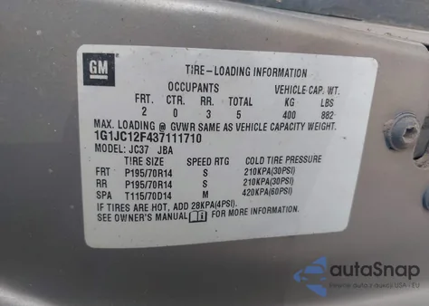 2003 Chevrolet Cavalier z USA, uszkodzony, nr VIN 1G1JC12F437111710